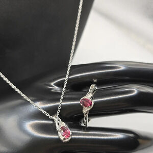 Ofiki Rubellite Diamond Ring (Size 9.0), Pendant Necklace (20 Inches) in 925